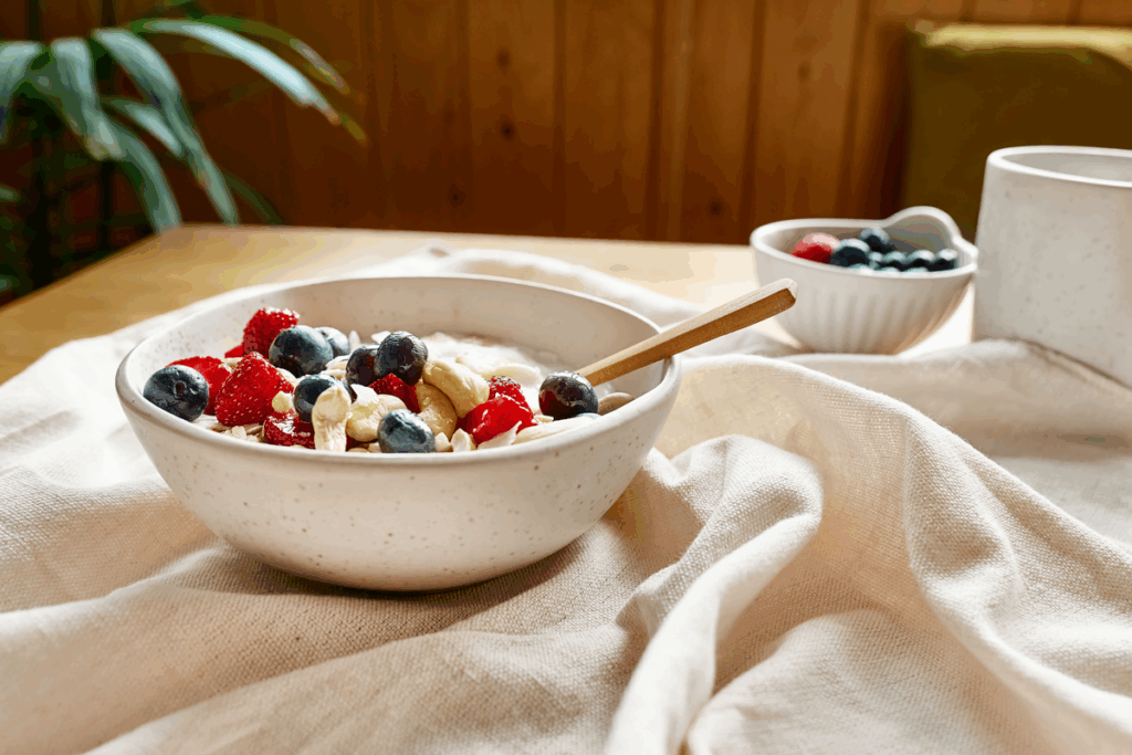 Colazione proteica con cremina e frutti rossi — alternativa energetica al caffè