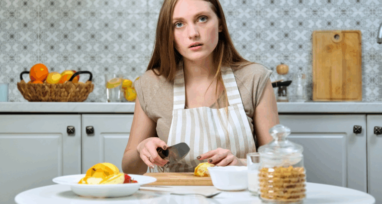 Donna riflessiva davanti a un piatto sano: fame nervosa o fame metabolica
