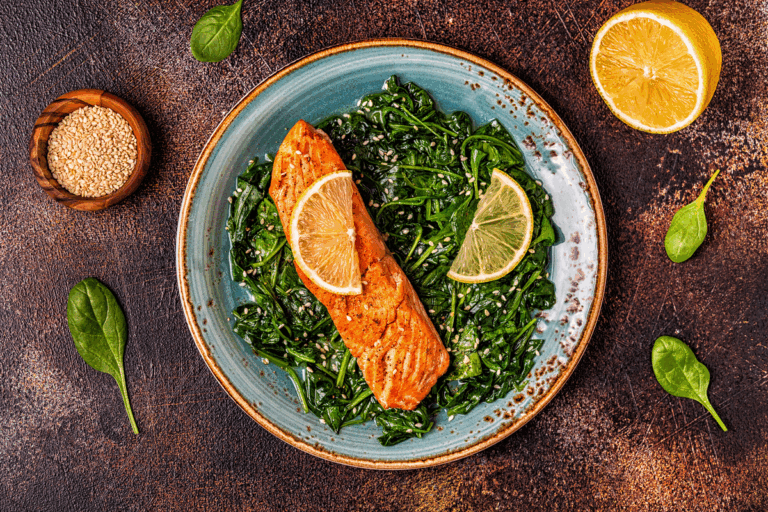 Piatto con salmone, avocado e verdure verdi — dieta per la tiroidite di Hashimoto