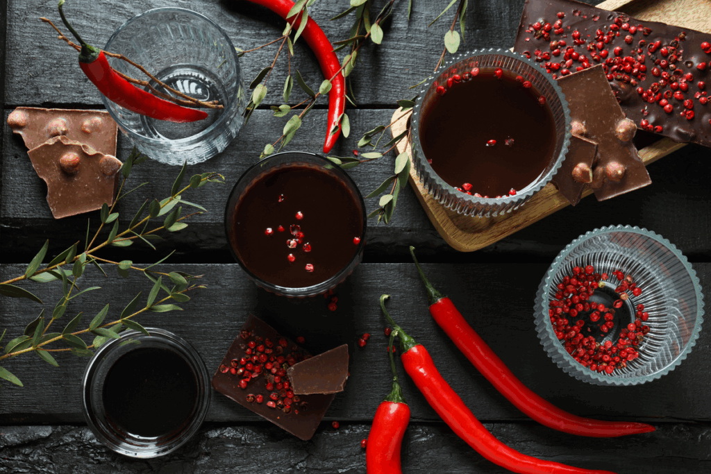 Bicchiere di vino, caffè e peperoncino su tavolo — cibi che possono peggiorare le vampate in menopausa